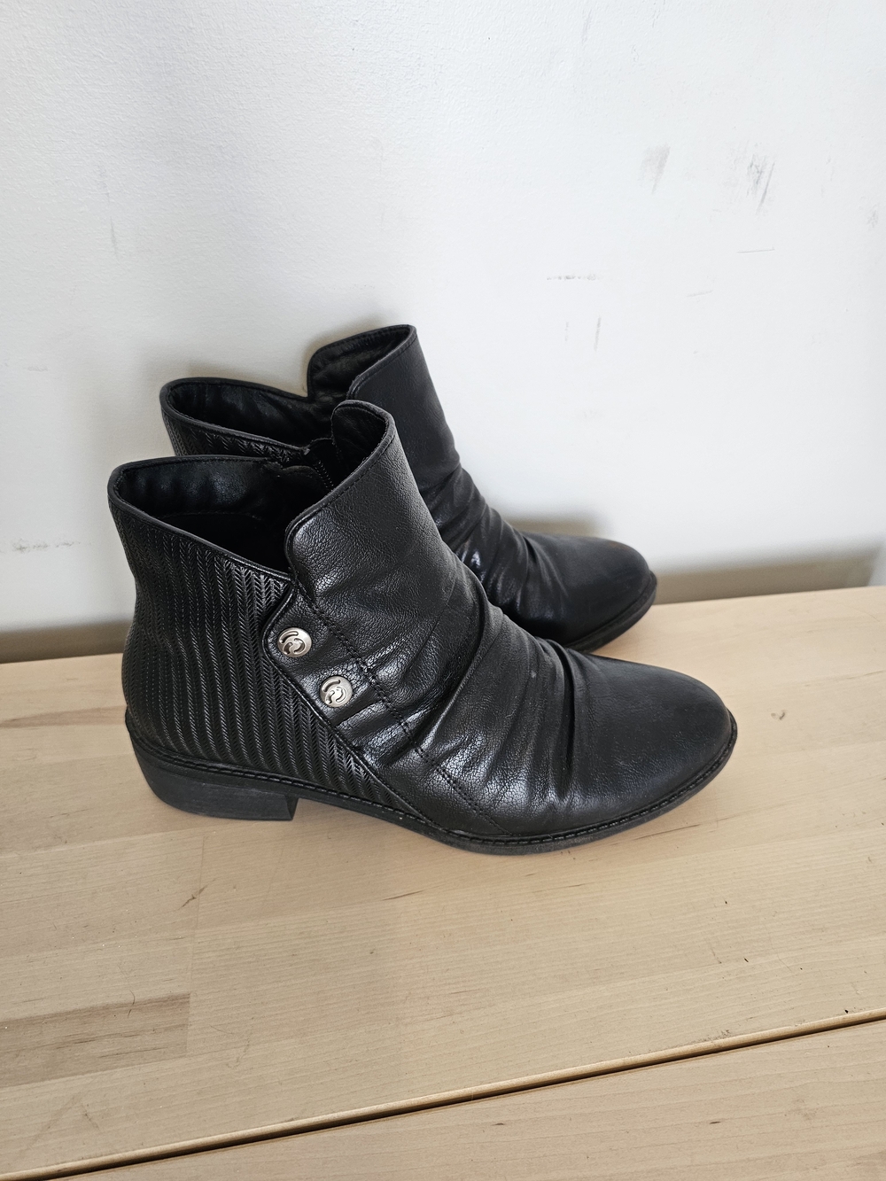 BareTraps Black Leather Ankle Boots with Button Accents
